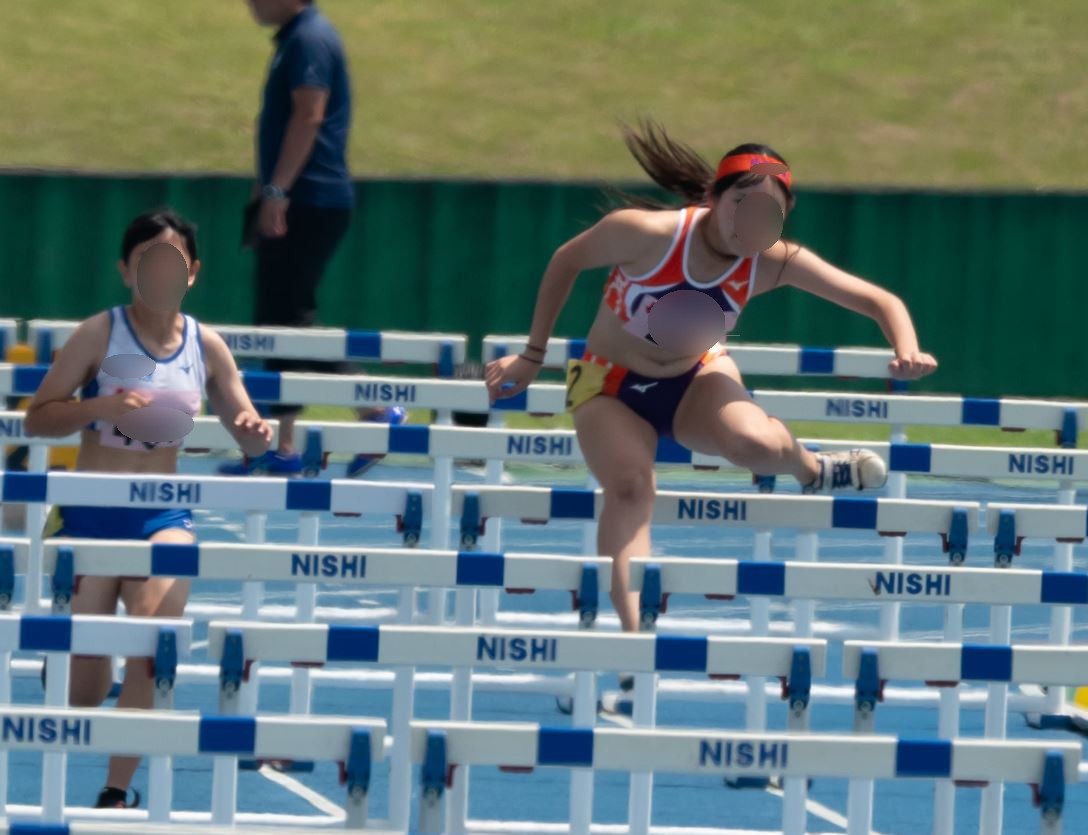 陸上競技 100mH 紫セパ遠目撮影 qwerty 陸上女子100mハードル 地方ブルマ 長崎女子高等学校 跨ぎブルマ